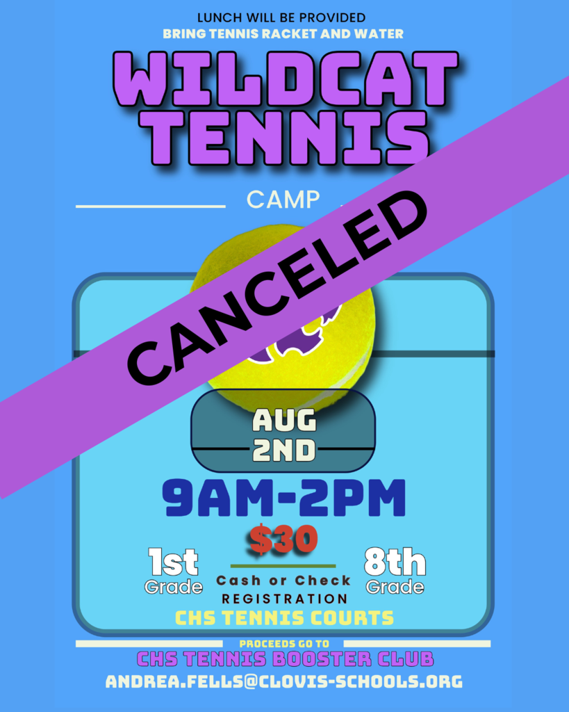 Wildcat Tennis Camp Canceled - Flyer for Aug. 2nd Event