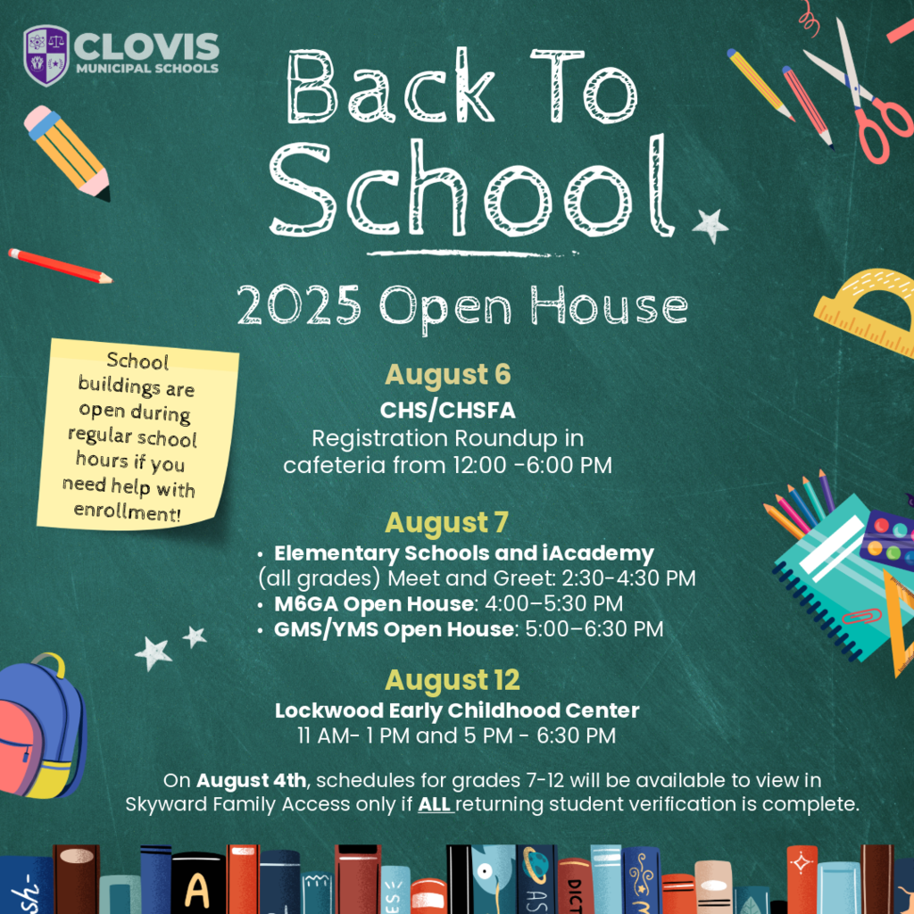 Back to School - 2025 Open House - August 6, CHS/CHSFA Registration Roundup - 12-6 PM; Aug 7 - Elementary and iAcademy 2:30-4:30, M6gA 4-5:30 and GMS/YMS 5:00-6:30 PM - Aug 12 - Lockwood 11-1 and 5-6:30 PM