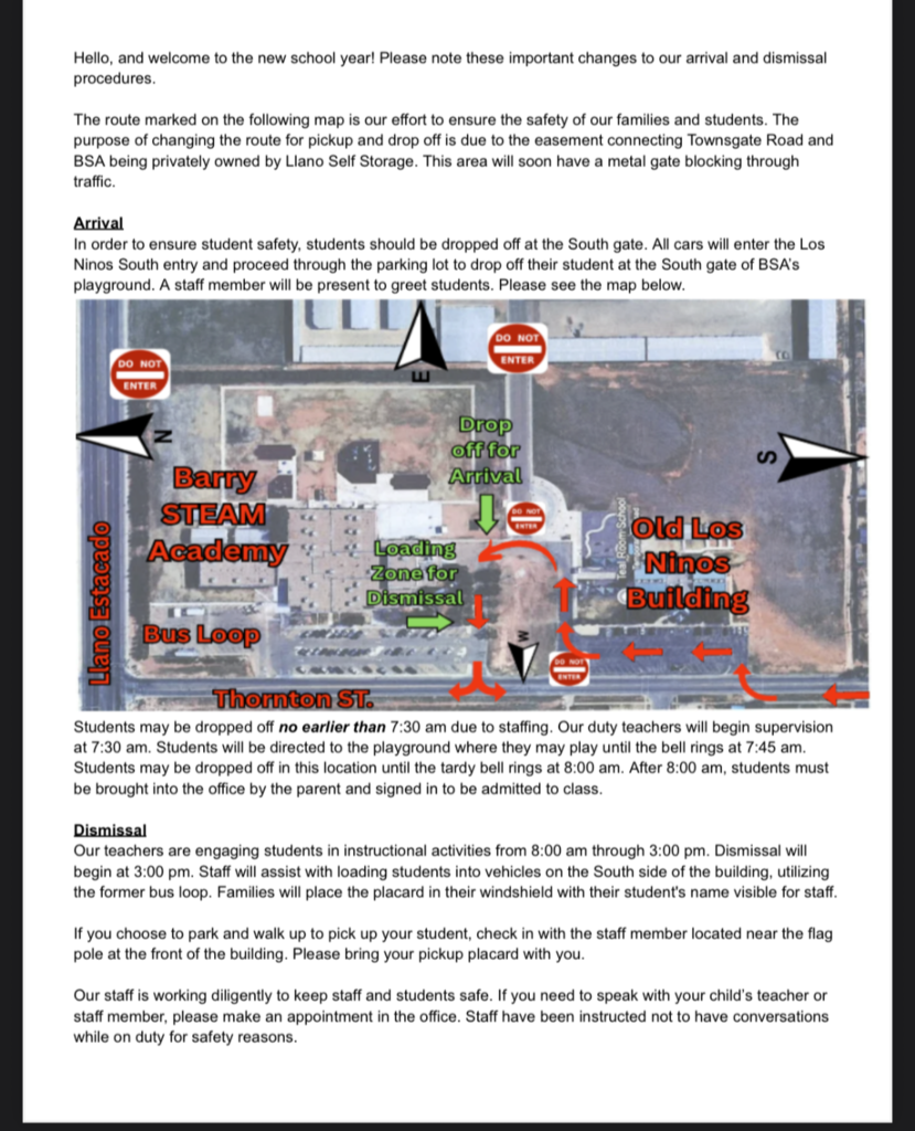 Map of pick up and drop off at Barry STEAM Academy