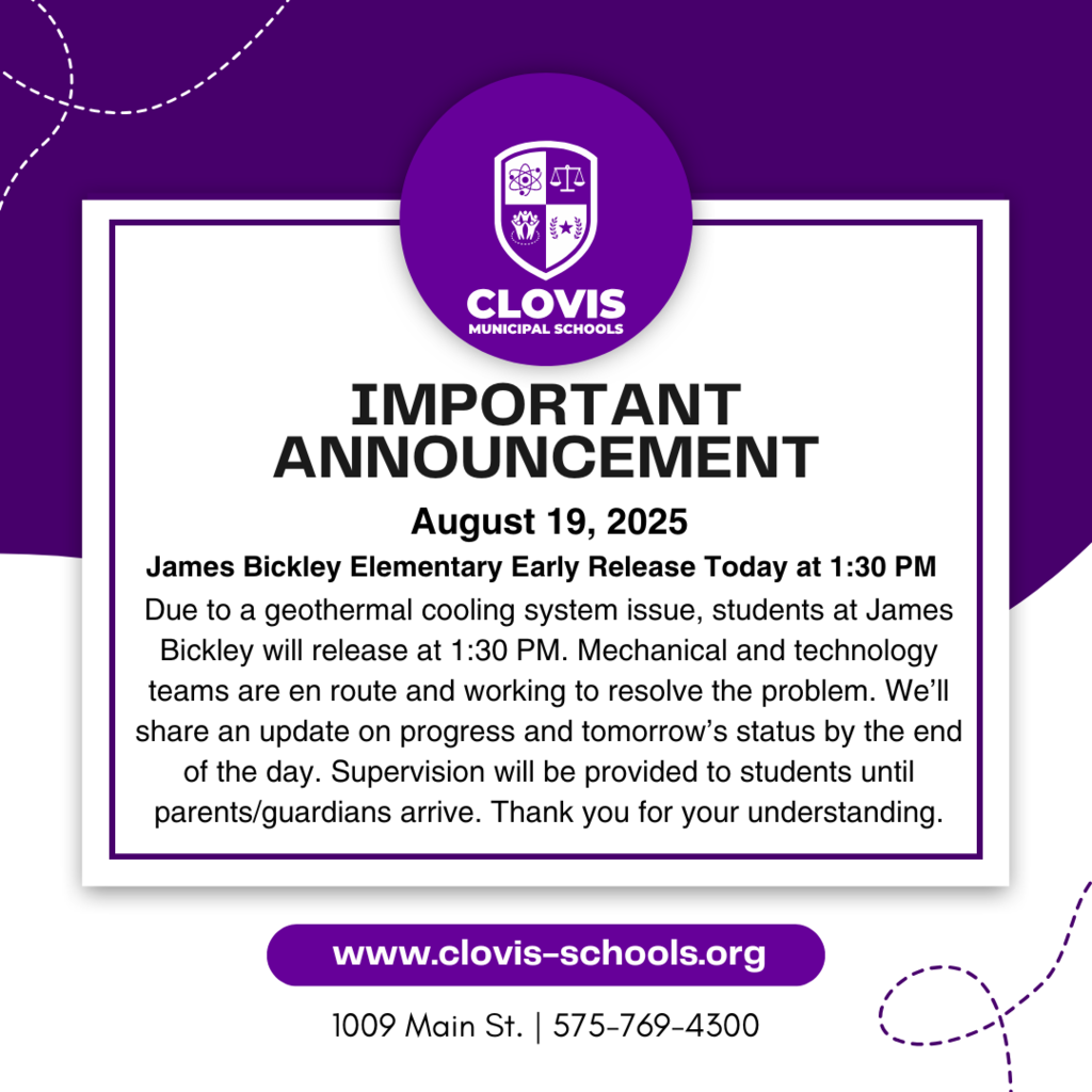 James Bickley Early Release Today at 1:30 PM. Due to a geothermal cooling system issue, students will release at 1:30 PM. Their mechanical and technology teams are en route and working to resolve the problem. We’ll share an update on progress and tomorrow’s status by the end of the day. Supervision will be provided to students until parents/guardians arrive. Thank you for your understanding.