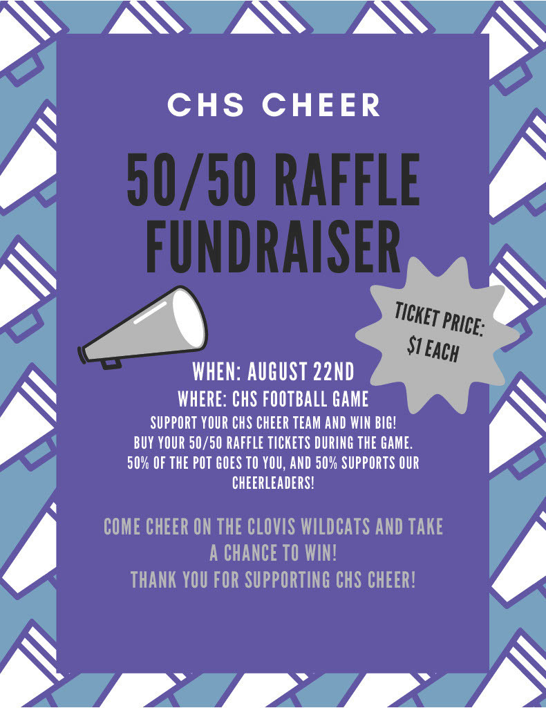 Flyer for the 50/50 Raflle held on August 22nd. Ticket price $1. Tickets for sale at the football game. Half of the proceeds go to the winner of the raffle.
