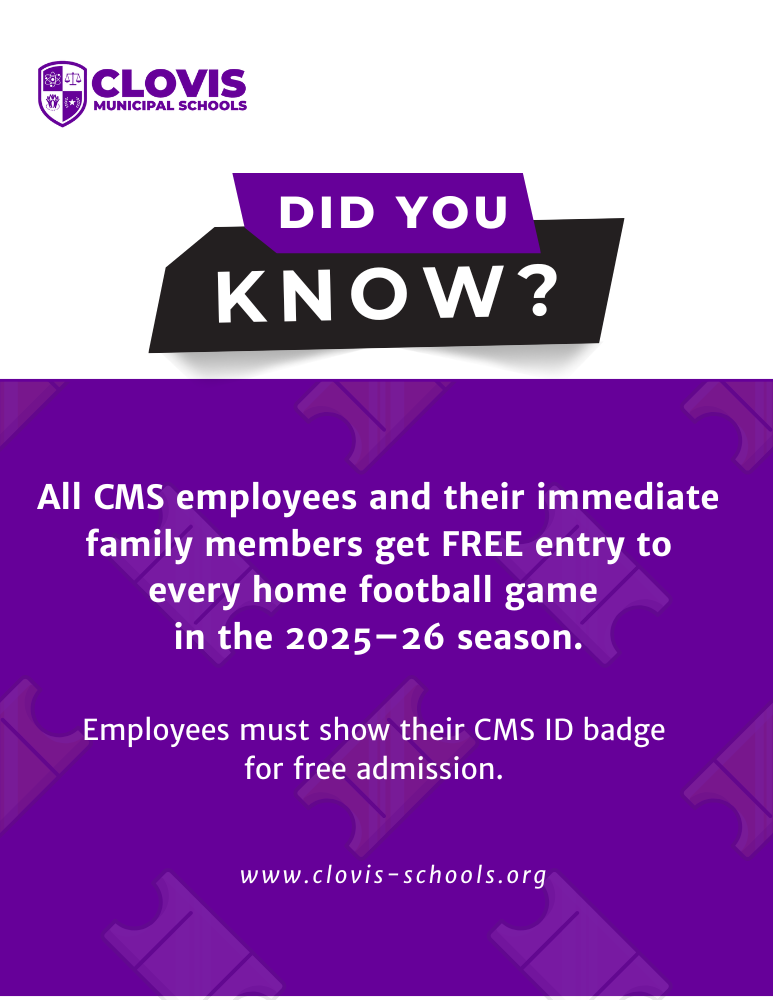 Flyer announcing that CMS employees and their immediate families can attend home football games for free with CMS ID badge.