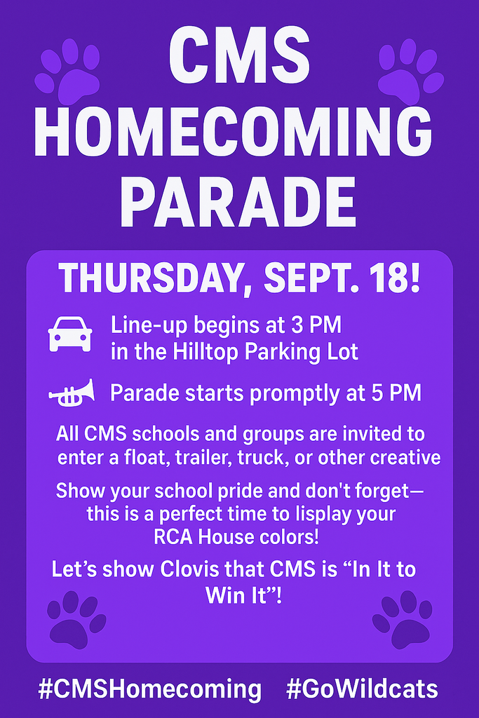 Flyer for CMS Homecoming parade on Thursday, September 18th. Line up begins at 3 PM and the parade starts promptly at 5 pm. Open to all CMS schools and groups.