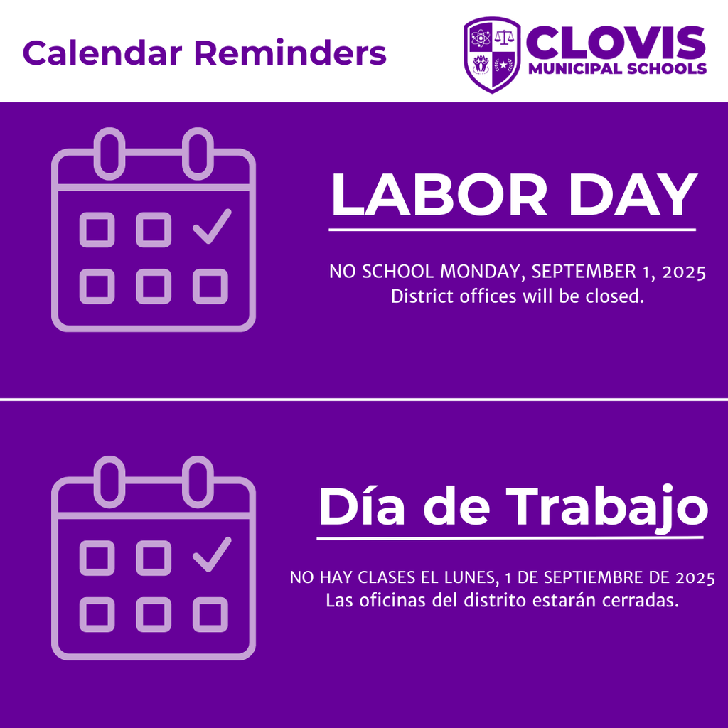 Purple graphic announcing there will be no school on Labor Day and district offices will be closed.