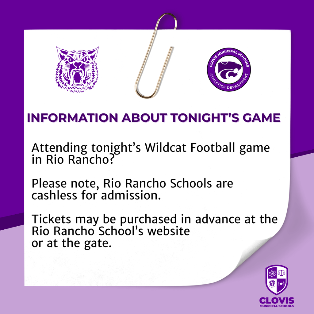 Attending tonight’s Wildcat Football game in Rio Rancho? Please note, Rio Rancho Schools are cashless for admission. Tickets may be purchased online in advance or at the gate.