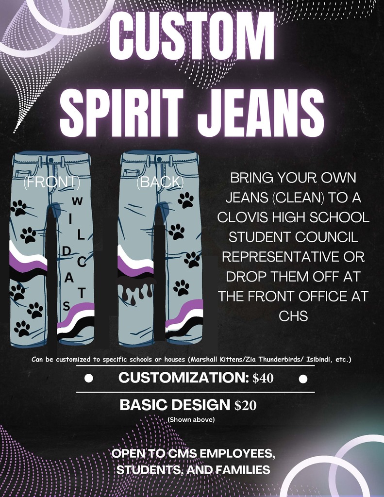 Custom Spirit Jeans. Bring Your own Jeans (Clean) to a CHS student Council Rep or drop them off at the front office at CHS. Can be customized to specific schools or houses. Customization is $40. Basic Design $20 - (Shown in image). Open to CMS Employees, Students, and Families.