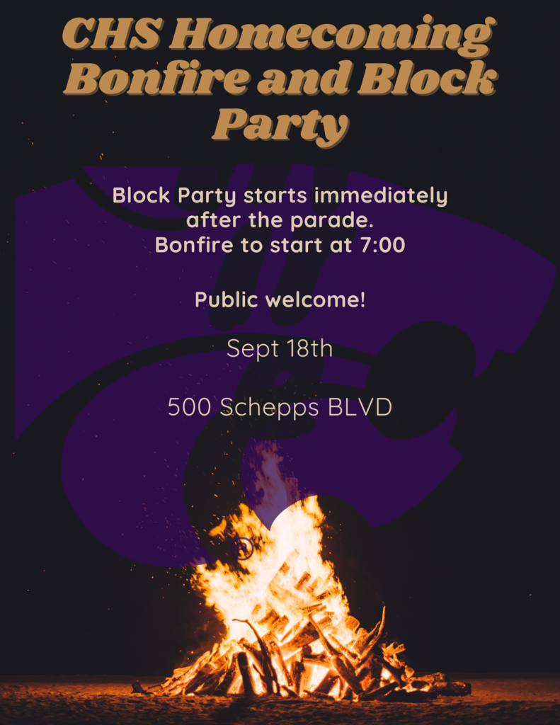 CHS Homecoming Bonfire and Block Party. Block party starts immediately after the parade. Bonfire to start at 7 PM. Public welcome! Sept. 18. 500 Schepps Blvd.