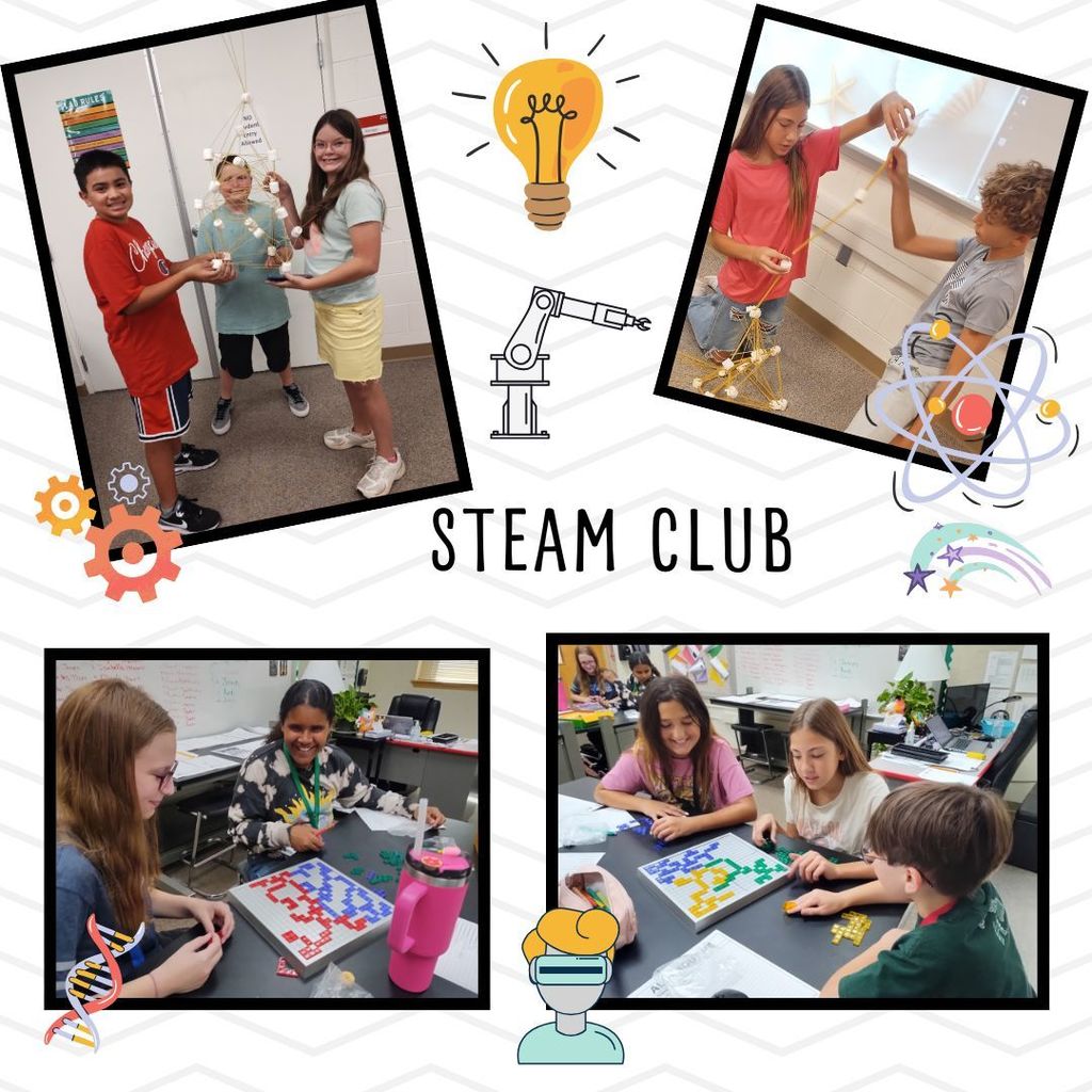 STEAM CLUB: pictures of students building and creating things for STEAM CLUB.