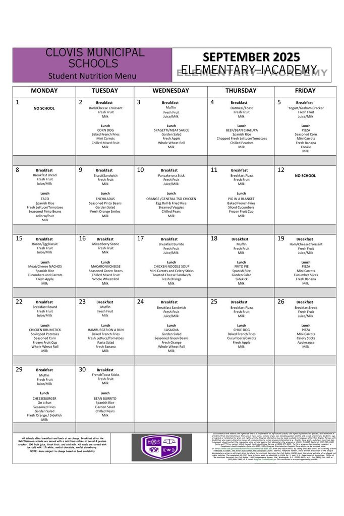 Elementary Lunch Menu-English