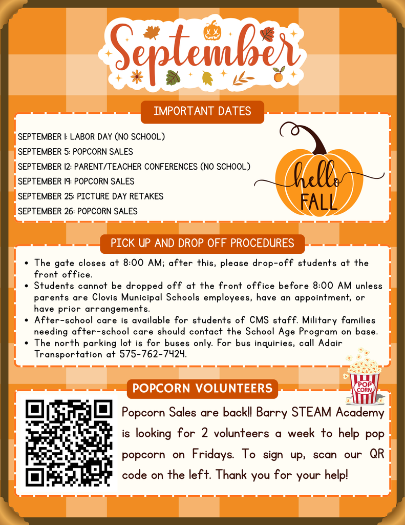 September Newsletter 2025 - Calendar of Events. Pick up and drop off procedures and popcorn sales volunteer request. 