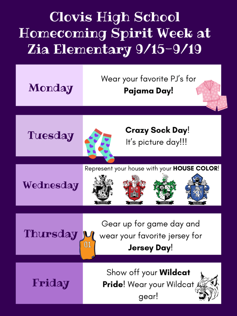 Homecoming spirit days - Monday - PJs, Tuesday crazy socks Wenesday house colors , Thursday Game Day , Friday Purple