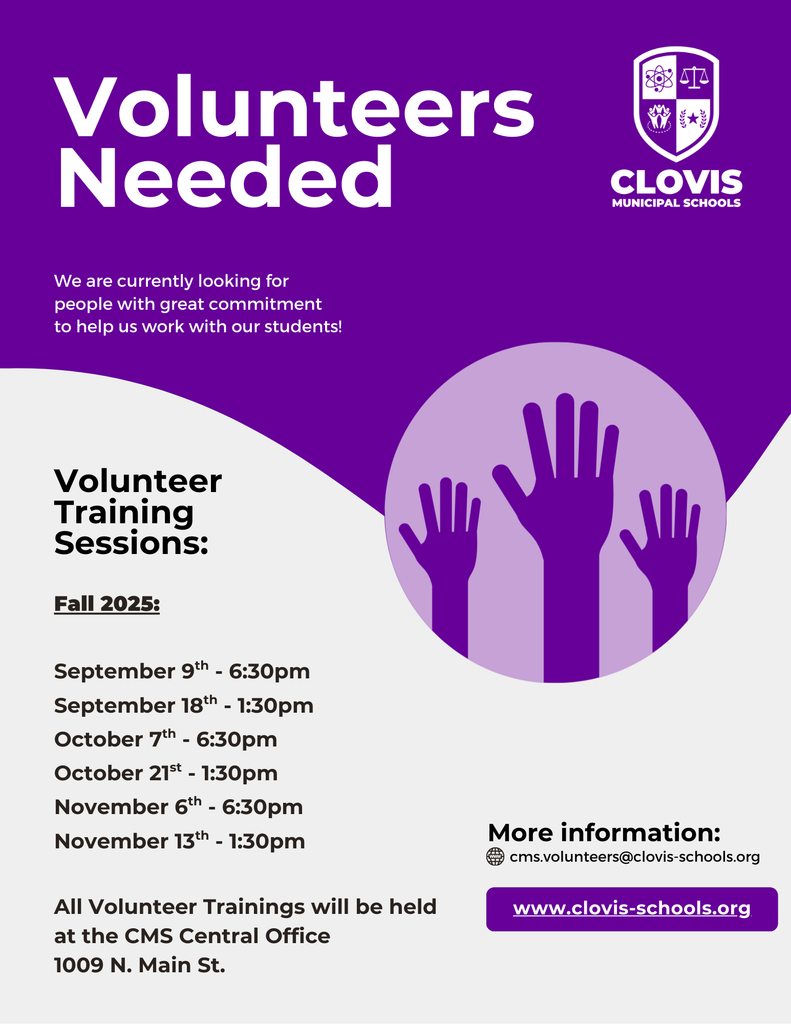 Volunteer flyer. Listing the dates of upcoming trainings. 9/9 is at 6:30 PM