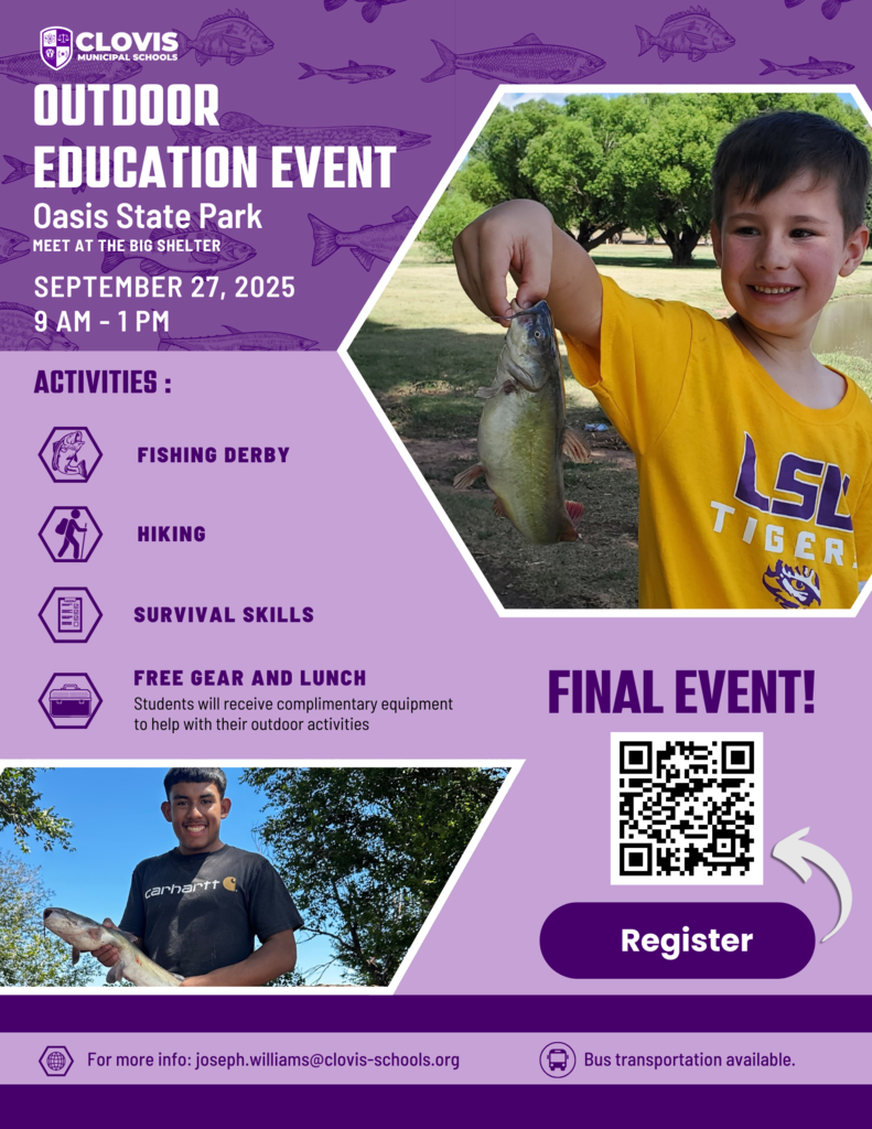 Outdoor Education Event Flyer - Oasis State Park, Sept 27 from 9 AM - 1 PM. Activities: Fishing, hking, survival skills. Free gear and lunch