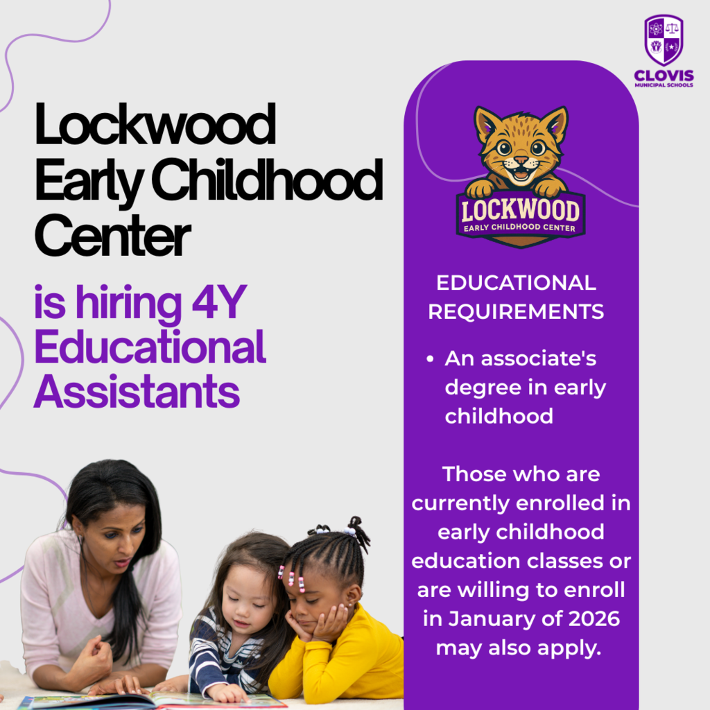 Flyer for Lockwood ECC is hiring 4y Educational Assistants