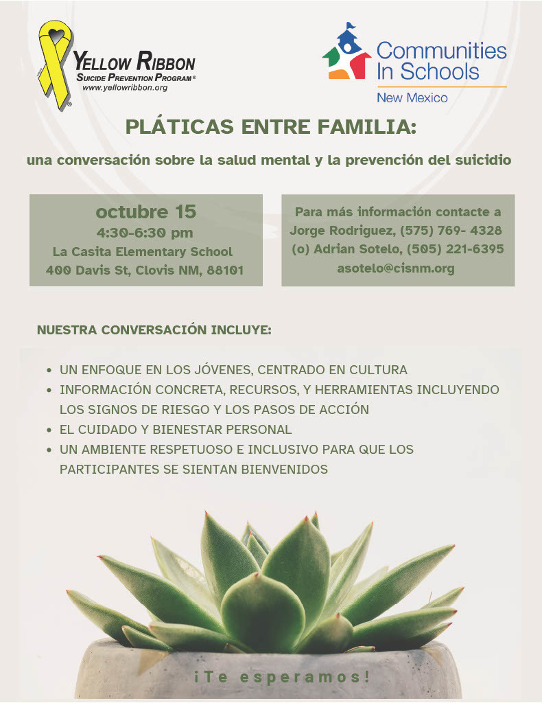 Spanish flyer for the Yellow Ribbon Suicide prevention program. Clovis Community Training event