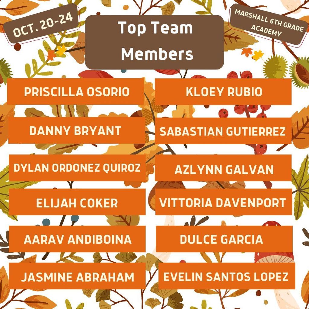 Top Team Members (Oct. 20-24, Marshall 6th Grade Academy): Priscilla Osorio, Danny Bryant, Dylan Ordonez Quiroz, Elijah Coker, Aarav Andiboina, Jasmine Abraham, Kloey Rubio, Sabastian Gutierrez, Azlynn Galvan, Vittoria Davenport, Dulce Garcia, Evelin Santos Lopez