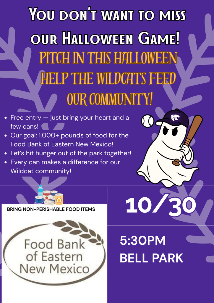 Flyer for the Wildcat Baseball team food drive game on October 30, 2025 at 5:30 PM