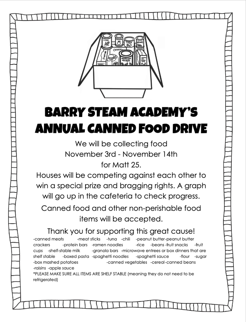 Canned Food Drive Flyer. Collecting non-perishable food items from November 3rd to November 14th, 2025. House Competition!