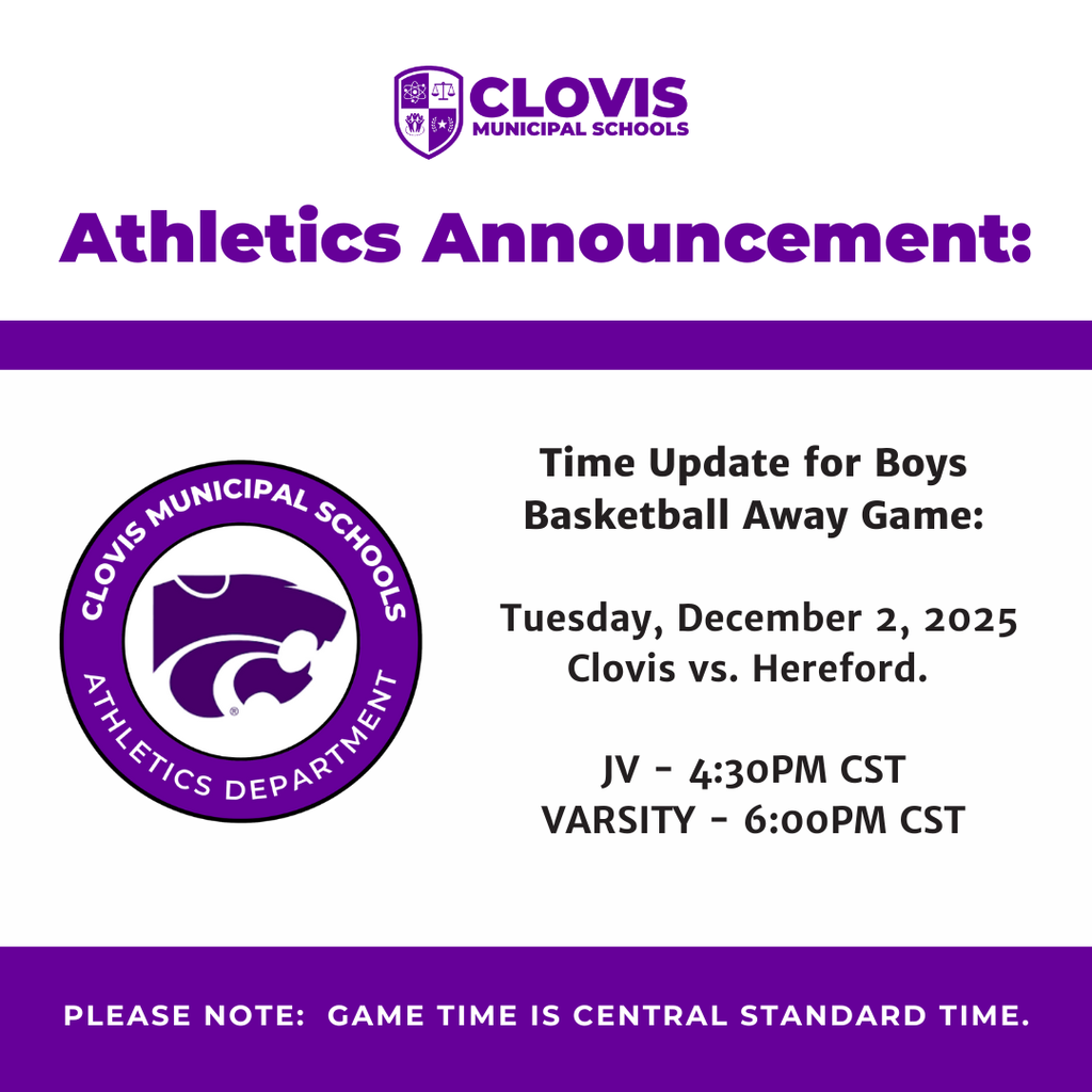 Time update announcement for Boys Basketball Away Game on 12/2 against Hereford. JV game at 4:30 PM, Varsity at 6 PM CST.