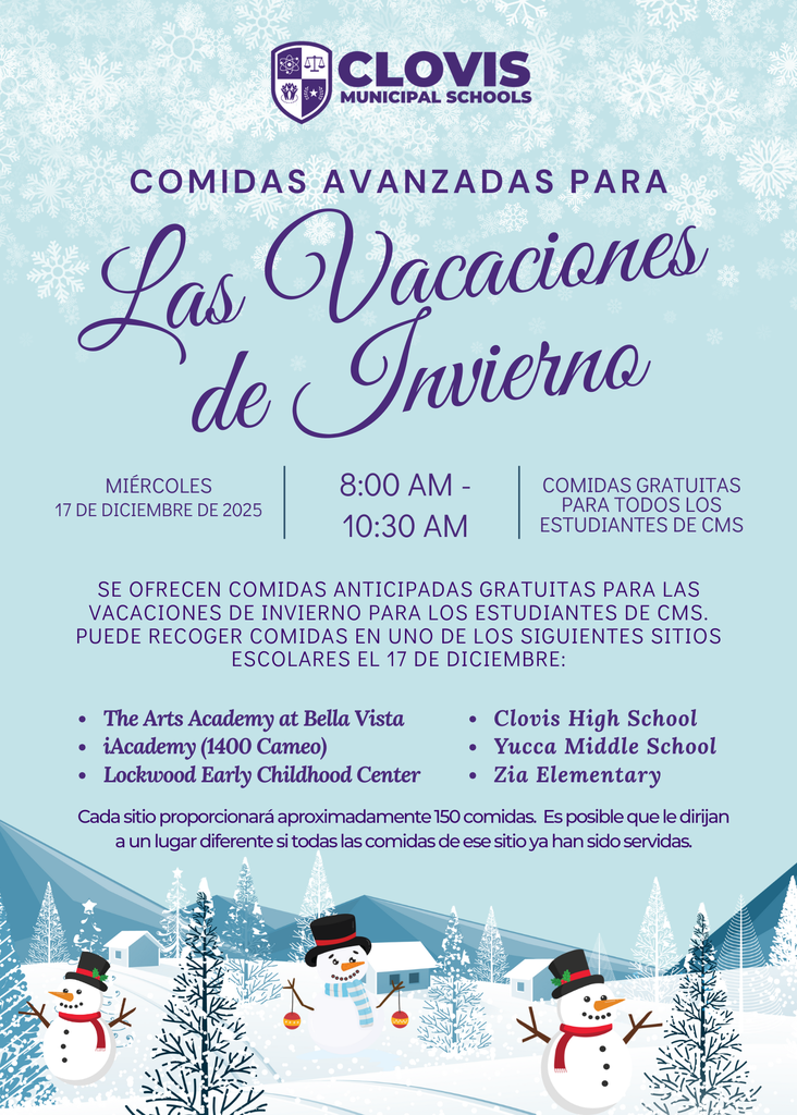 Spanish Flyer for Advanced Meals for winter Break. Blue flyer with a snowman design at the bottom.