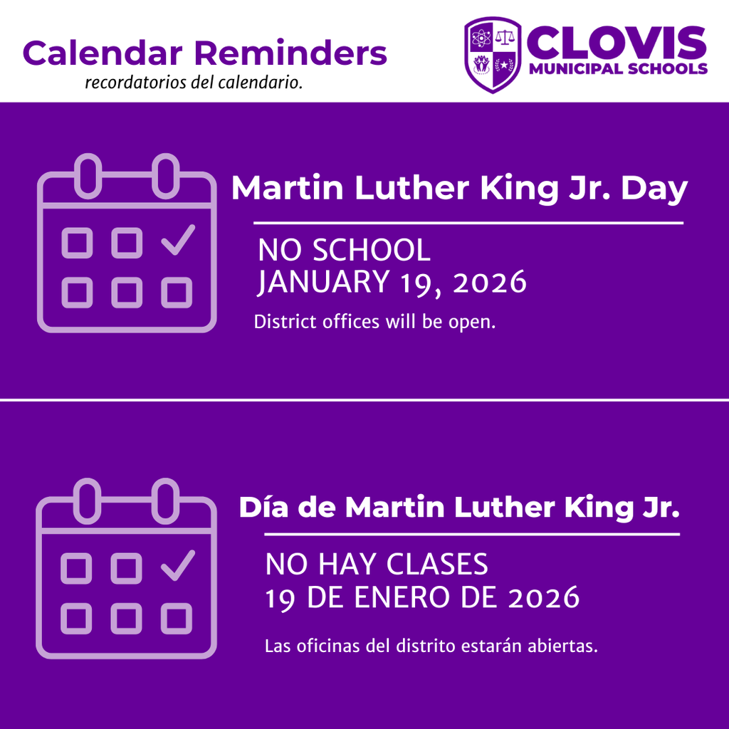 Purple graphic reminding families that there is no school on Monday, January 19th for Martin Luther King Jr. Day