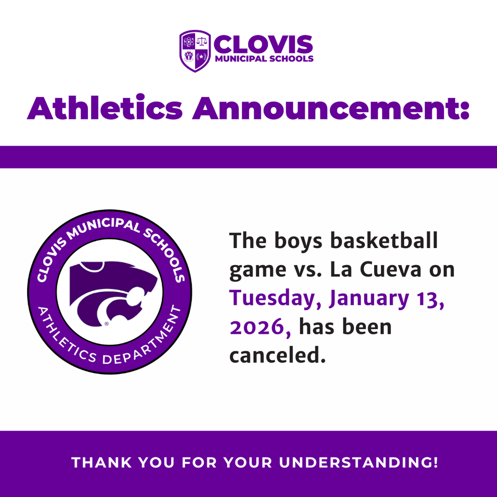 Athletics Announcement: The boys basketball game vs La Cueva on Tuesday, Jan 13 has been canceled. Features the CMS Athletics Logo. 