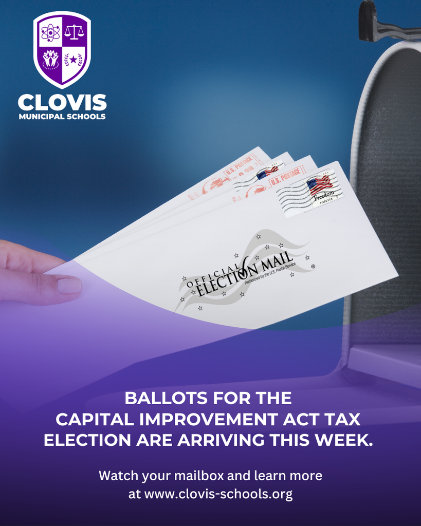 Photo of election mail belng placed in a mailbox. Purple header at the bottom says "Ballots for the Capital Improvement Act Tax Election are Arriving This Week."