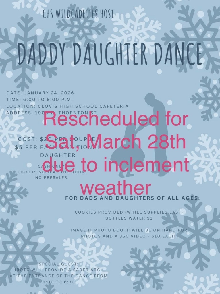 Daddy Daughter Dance rescheduled for Saturday, March 28, due to inclement weather.