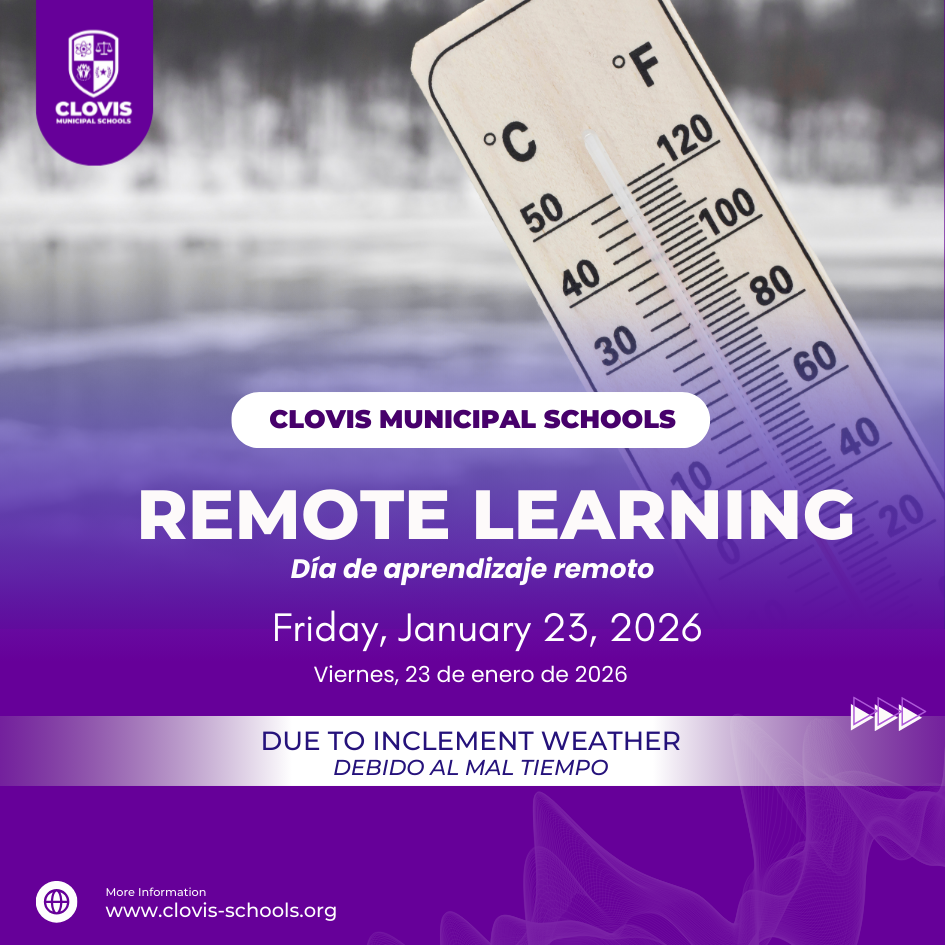 Purple Graphic announcing a remote learning day for Friday, January 23, 2026