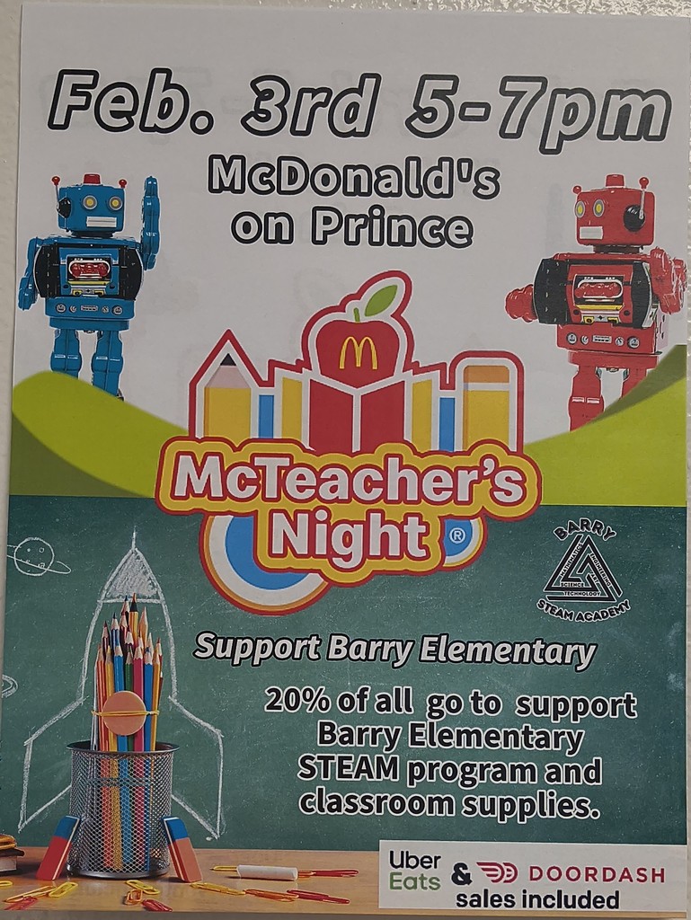 McTeachers night February 3rd from 5pm-7pm