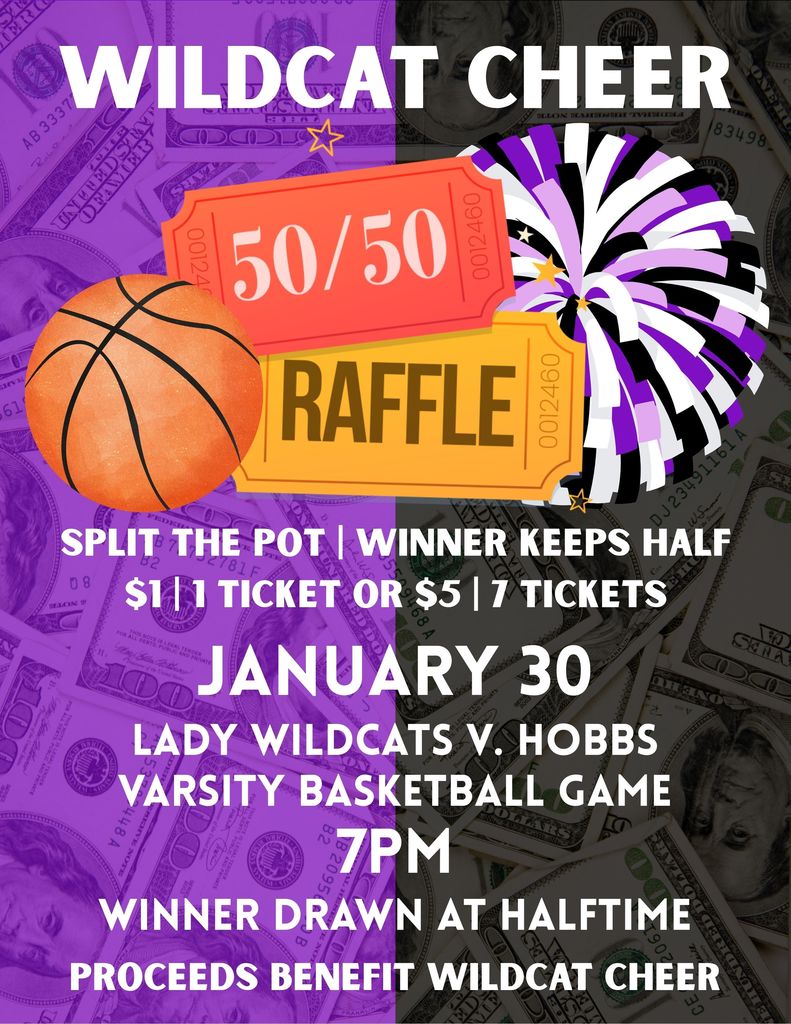 Flyer for Wildcat Cheer January 30 -  50/50 Raffle