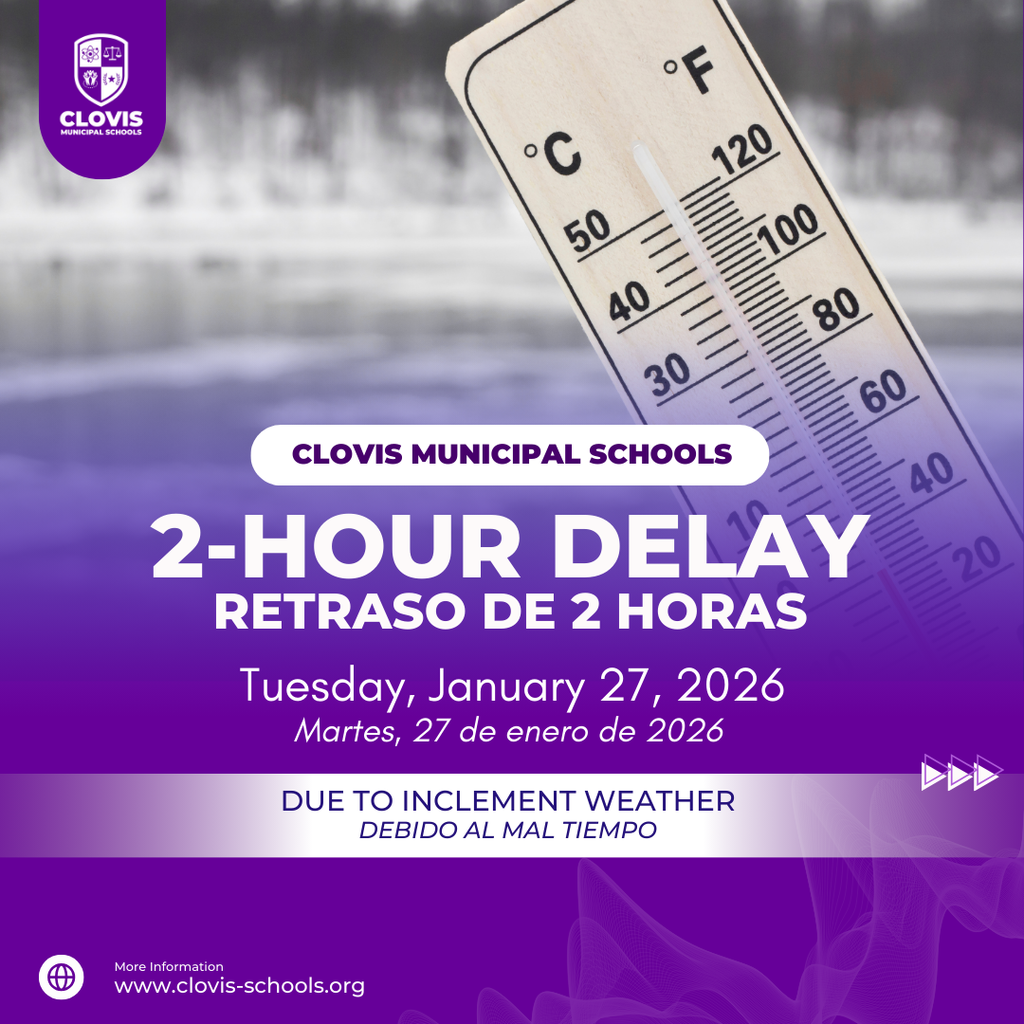 Purple graphic with a thermometer announcing a 2 hour delay for tuesday, January 27, 2026. 
