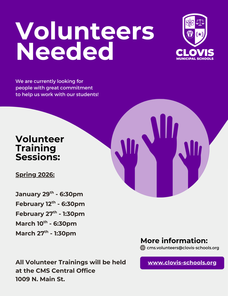 Flyer for the Spring 2026 Volunteer Training Dates.  Purple Flyer with an image of three upraised hands.