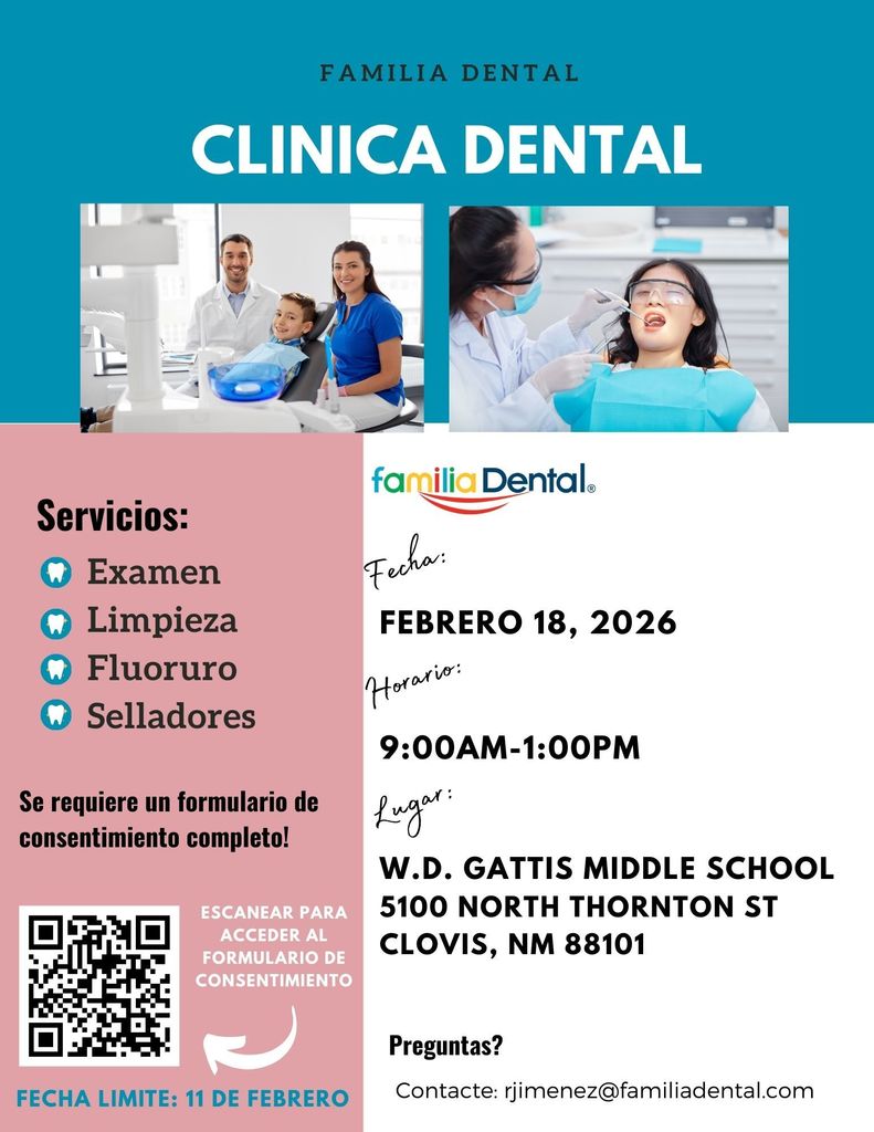 Spanish - Flyer for Familia Dental Clinic at  Gattis Middle School. 
