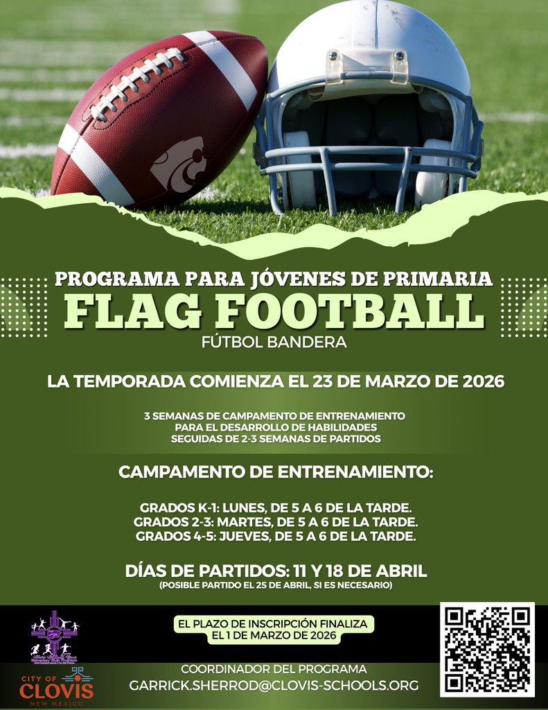 Spanish Flyer for Flag Football - Green background with a photo of a helmet and football. 