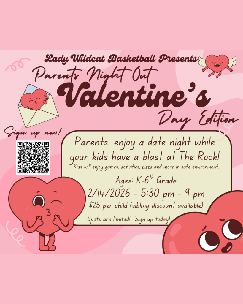 Pink flyer for Lady Wildcat Basketball Parents Night Out event