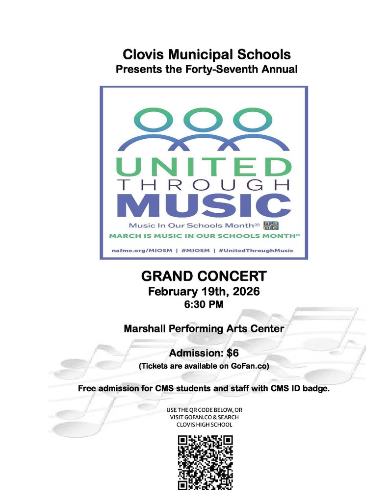 Flyer for the Music in Our Schools Month Grand Concert on February 19, 2026 at 6:30 PM. Admission is $6. Tickets available on GoFan.com