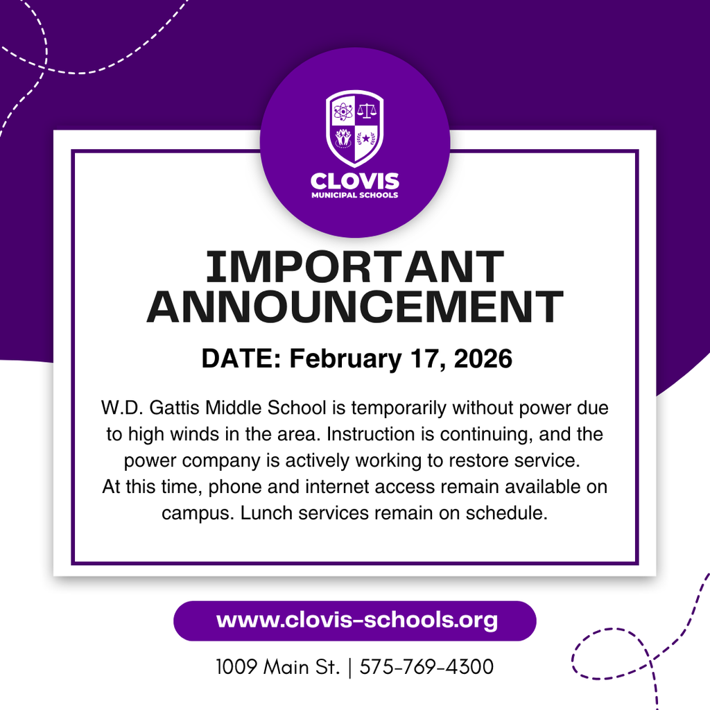 W.D. Gattis Middle School is temporarily without power due to high winds in the area. Instruction is continuing, and the power company is actively working to restore service. At this time, phone and internet access remain available on campus. Lunch will be served as scheduled.