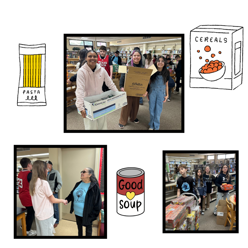 Pictures of students loading groceries and shaking hands.