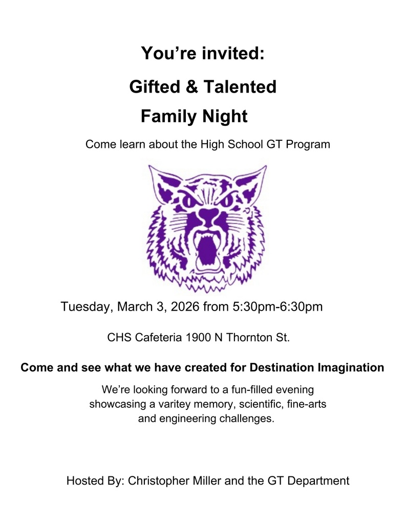 GT Family Night, Tue. March 3, 2026 from 5:30 pm - 6:30 pm in the CHS Cafeteria (1900 N. Thornton)