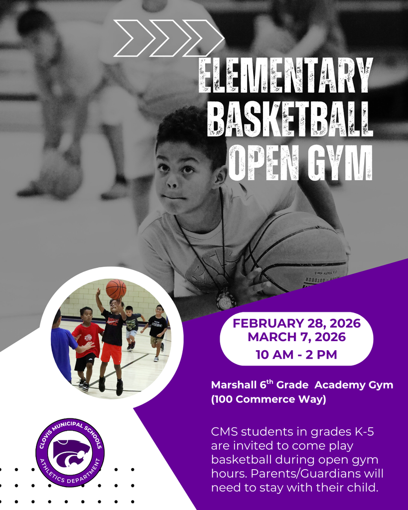 Flyer for Elementary Basketball Open Gym Days on Feb 28 and March 7 from 10 Am - 2PM. Features photos of kids playing basketball
