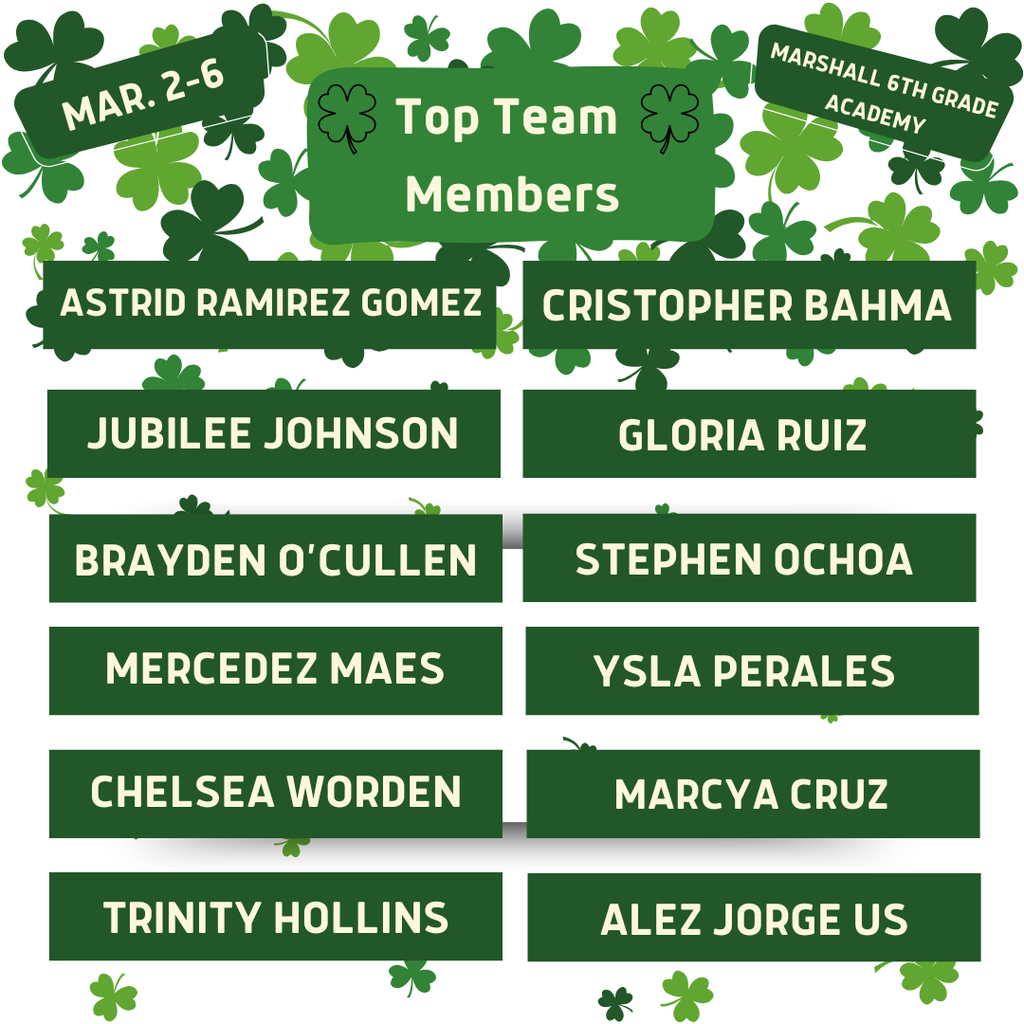 Marshall 6th Grade Academy Top Team Members (Mar. 2-6): Astrid Ramirez Gomez, Jubilee Johnson, Brayden O'Cullen, Mercedez Maes, Chelsea Worden, Trinity Hollins, Cristopher Bahma, Gloria Ruiz, Stephen Ochoa, Ysla Perales, Marcya Cruz, Alex Jorge US