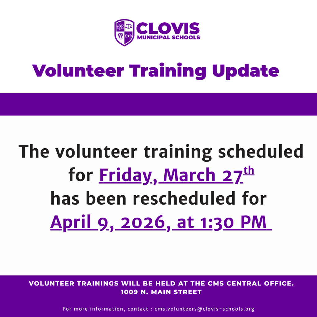 The volunteer training scheduled for Friday, March 27th has been rescheduled for April 9, 2026 at 1:30 PM