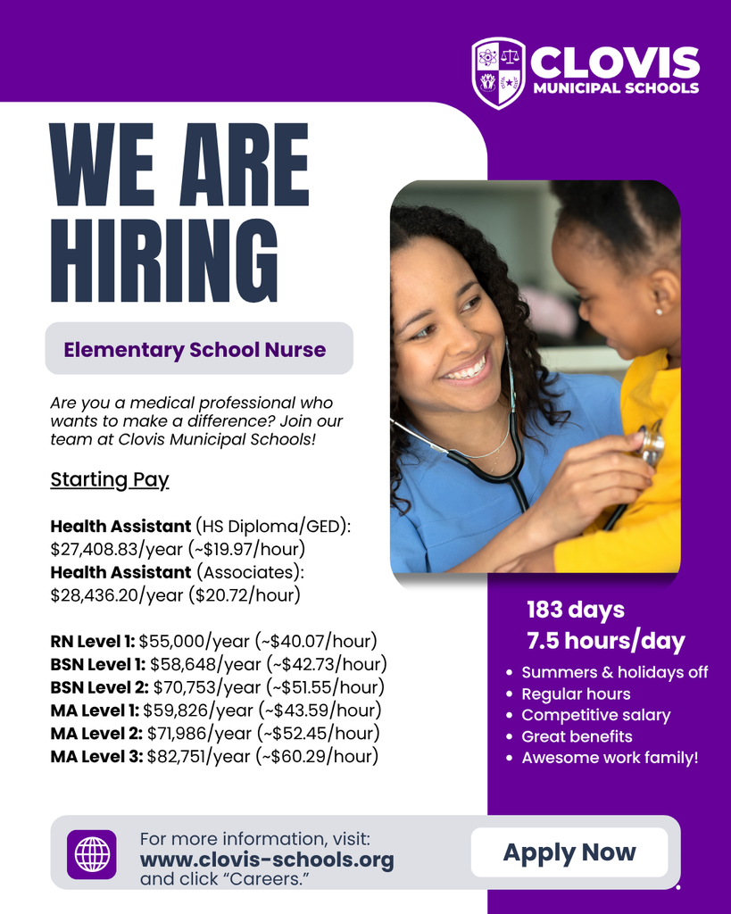 Hiring Graphic for Elementary School Nurses. Feature a nurse with a student and information about the pay rates for the job.