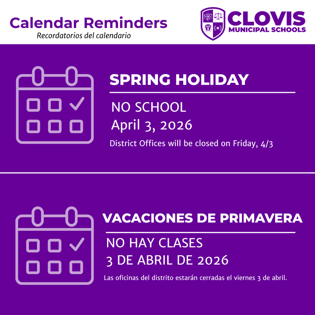 Purple banner with "Calendar Reminders" heading. Two sections: Spring Holiday in English and Vacaciones de Primavera in Spanish.