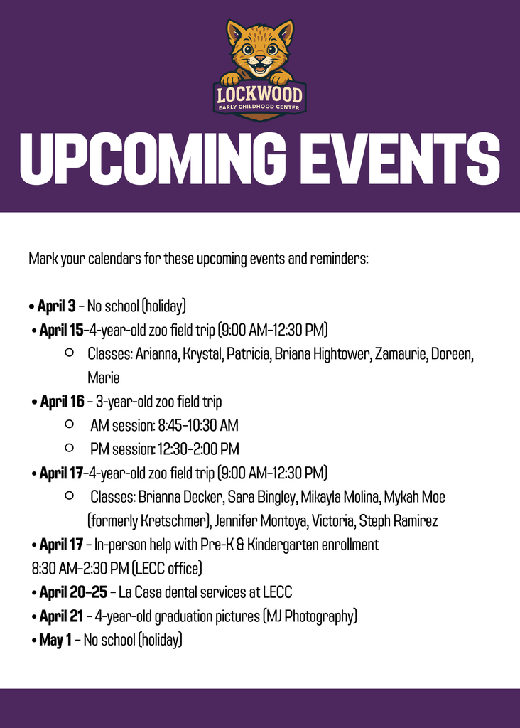 A purple banner displays "Upcoming Events" with a tiger logo. Details list events from April 3 to May 1.
