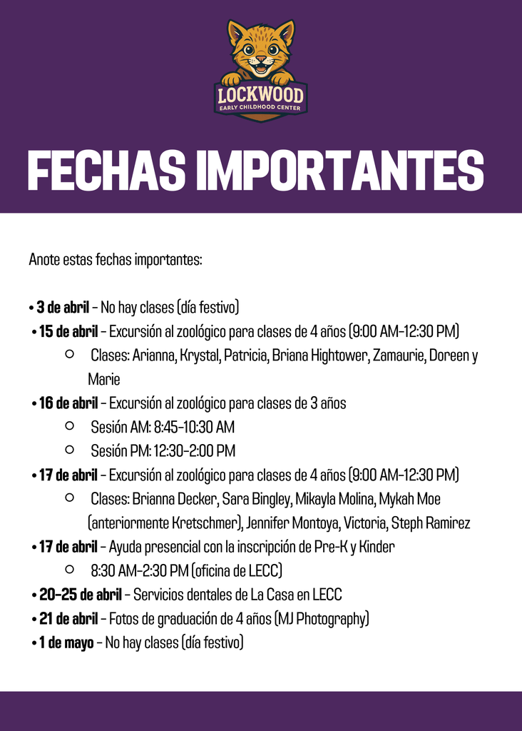 A purple poster displays "FECHAS IMPORTANTES" with a tiger logo. Details list important dates, including no classes and field trips.