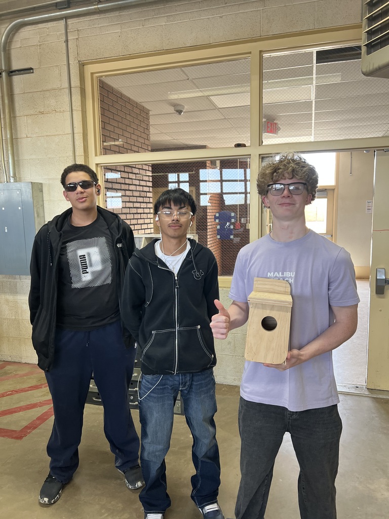 Three boys in casual clothing, standing in a hallway. The boy on the right holds a birdhouse.
