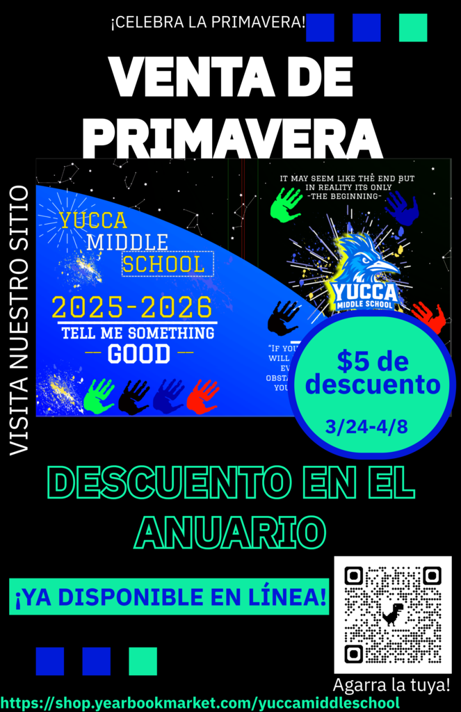 Poster for Yucca Middle School's spring sale in 2025-2026. It features a colorful background, text, and images of hands.