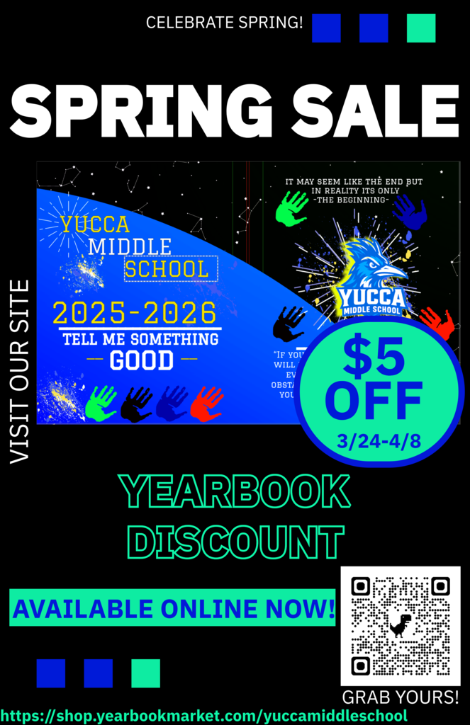 Spring Sale banner with blue and green background. Offers $5 off on Yucca Middle School yearbooks. Dates are March 24th to April 8th.
